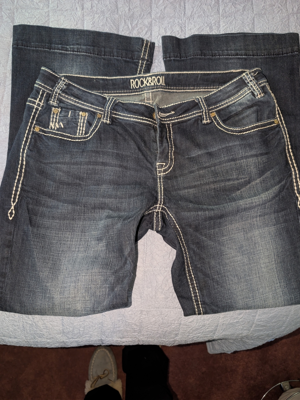 Rock & Roll Cowgirl Dark Indigo Wide Leg Jeans with Contrast Stitching